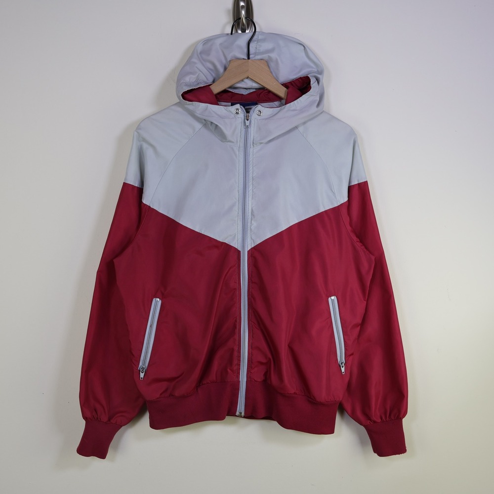 Vintage 80s Nike Windbreaker Jacket Size Large Retro Colorblock Red Grey Hood